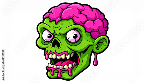 Cartoon zombie head, green skin, pink brain, angry expression.