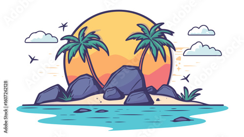 Tropical Island with Rocks and Palms in a Serene Sea
