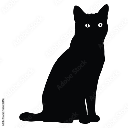 Silhouetted black cat sitting upright looking towards the viewer with white eyes on a white background