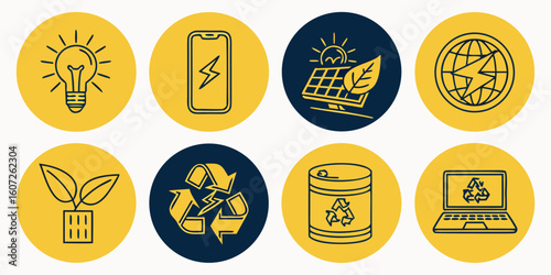 Set of eight line art icons for renewable energy and recycling solar panel light bulb