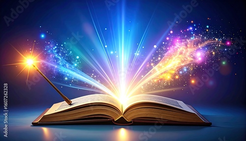 Enchanting open book casting radiant light and colorful sparks, symbolizing fantasy and imagination