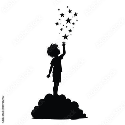 Child reaching for stars silhouette night
