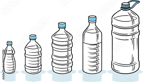 Many water bottles isolated on white. a vector illustration of a lineup of various plastic water bottles in increasing size. ach bottle should have a distinct design,