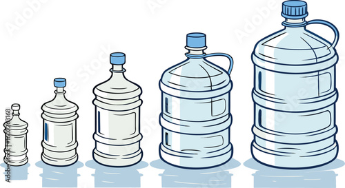 Many water bottles isolated on white. a vector illustration of a lineup of various plastic water bottles in increasing size. ach bottle should have a distinct design,