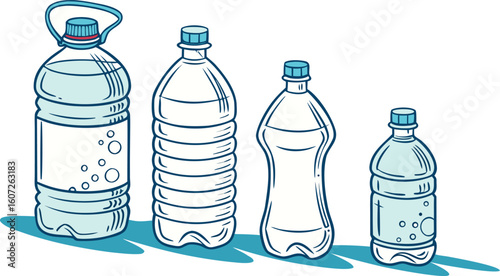 Many water bottles isolated on white. a vector illustration of a lineup of various plastic water bottles in increasing size. ach bottle should have a distinct design,