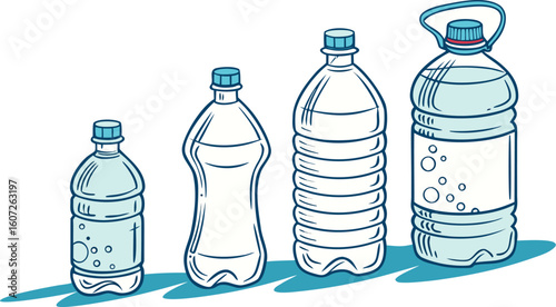 Many water bottles isolated on white. a vector illustration of a lineup of various plastic water bottles in increasing size. ach bottle should have a distinct design,