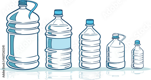 Many water bottles isolated on white. a vector illustration of a lineup of various plastic water bottles in increasing size. ach bottle should have a distinct design,