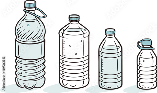 Many water bottles isolated on white. a vector illustration of a lineup of various plastic water bottles in increasing size. ach bottle should have a distinct design,