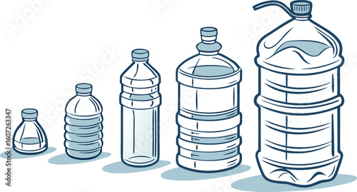 Many water bottles isolated on white. a vector illustration of a lineup of various plastic water bottles in increasing size. ach bottle should have a distinct design,
