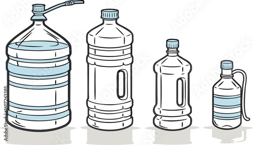 Many water bottles isolated on white. a vector illustration of a lineup of various plastic water bottles in increasing size. ach bottle should have a distinct design,