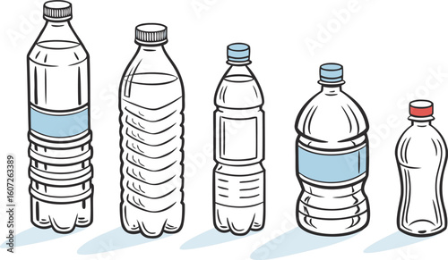 Many water bottles isolated on white. a vector illustration of a lineup of various plastic water bottles in increasing size. ach bottle should have a distinct design,