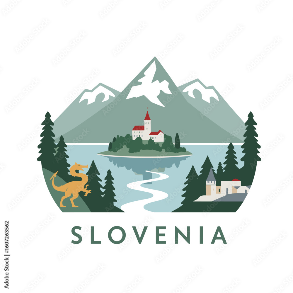 Obraz premium Flat vector of Slovenia with Lake Bled, dragon, pine trees and snowy Alps in modern emblem layout