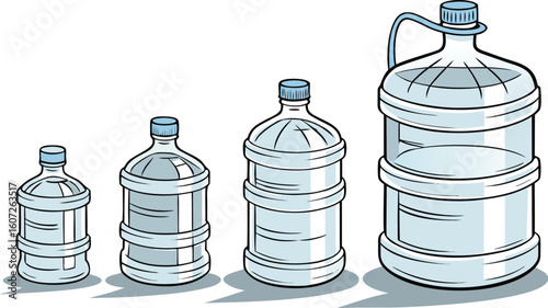 Many water bottles isolated on white. a vector illustration of a lineup of various plastic water bottles in increasing size. ach bottle should have a distinct design,