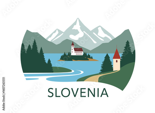 Vector of Slovenia with Lake Bled, island church, forest, river path and snow-capped mountains