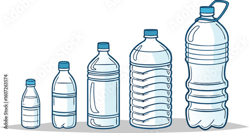 Many water bottles isolated on white. a vector illustration of a lineup of various plastic water bottles in increasing size. ach bottle should have a distinct design,