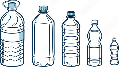 Many water bottles isolated on white. a vector illustration of a lineup of various plastic water bottles in increasing size. ach bottle should have a distinct design,