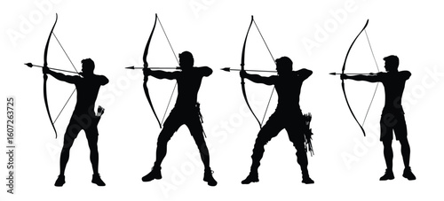 Archery prowess various poses silhouettes showcasing the timeless skill precision, focus, aim
