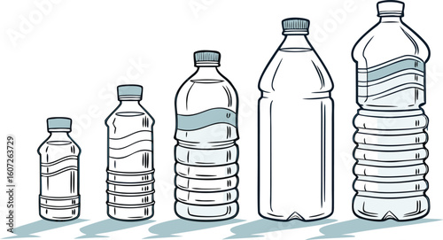 Many water bottles isolated on white. a vector illustration of a lineup of various plastic water bottles in increasing size. ach bottle should have a distinct design,