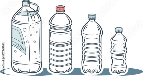 Many water bottles isolated on white. a vector illustration of a lineup of various plastic water bottles in increasing size. ach bottle should have a distinct design,