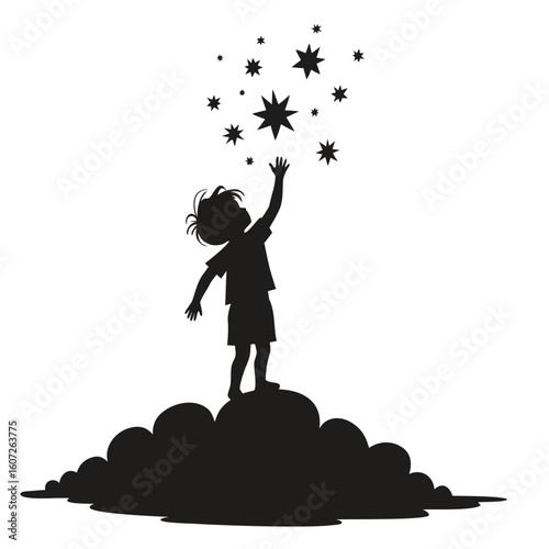 Child reaching for stars silhouette vector
