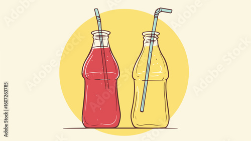 Vintage Cartoon Soda Bottle and Straw Illustration
