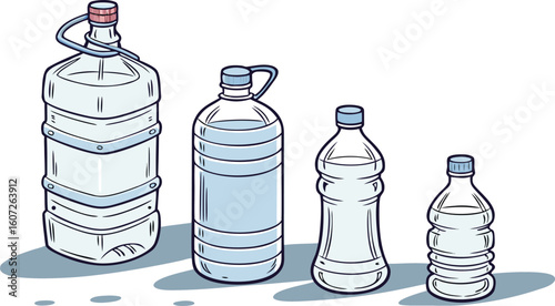 Many water bottles isolated on white. a vector illustration of a lineup of various plastic water bottles in increasing size. ach bottle should have a distinct design,