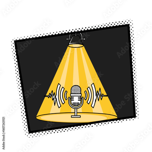 A stylized illustration of a microphone illuminated by a spotlight, representing audio broadcasting.