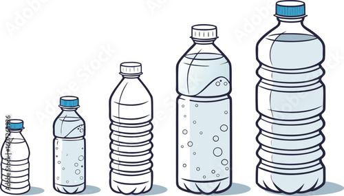 Many water bottles isolated on white. a vector illustration of a lineup of various plastic water bottles in increasing size. ach bottle should have a distinct design,