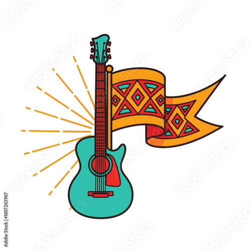 An acoustic guitar stands beside a colorful, patterned flag with radiating lines, creating a vibrant and artistic composition.