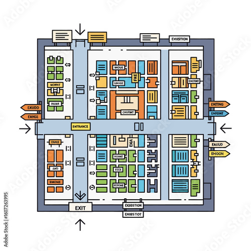 An overhead floor plan illustration of a large exhibition hall or trade show, showing booths, entrances, exits, and directional signage.