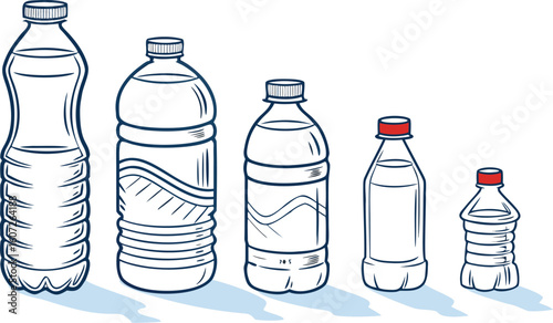 Many water bottles isolated on white. a vector illustration of a lineup of various plastic water bottles in increasing size. ach bottle should have a distinct design,
