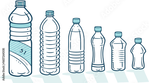 Many water bottles isolated on white. a vector illustration of a lineup of various plastic water bottles in increasing size. ach bottle should have a distinct design,