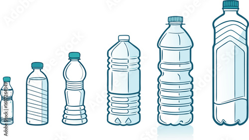 Many water bottles isolated on white. a vector illustration of a lineup of various plastic water bottles in increasing size. ach bottle should have a distinct design,