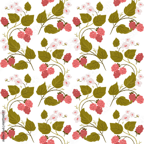 Seamless vector pattern with raspberries, green leaves, and white flowers on  light backgrounds. Botanical illustration perfect for textiles, packaging, and wallpaper design.