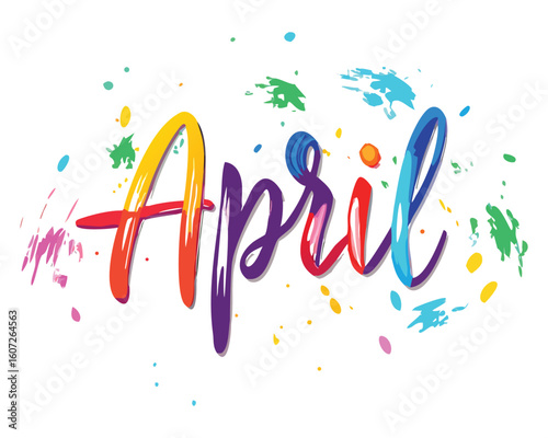 Colorful april month design with watercolor splashes for springtime season celebration concept art, April text design