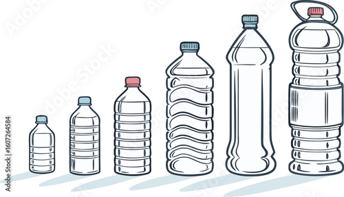 Many water bottles isolated on white. a vector illustration of a lineup of various plastic water bottles in increasing size. ach bottle should have a distinct design,
