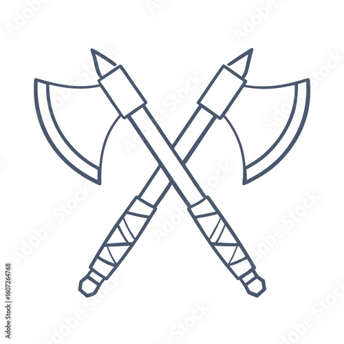 Two crossed battle axes with detailed handles on a white background weapon medieval