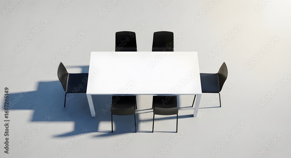Fototapeta premium Contemporary arrangement of a white table surrounded by sleek black chairs, casting long shadows on a minimalist gray background.