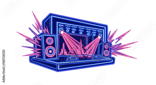 Neon concert stage illustration with speakers and vibrant lighting effects.