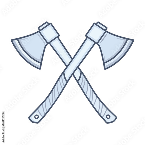Two crossed light blue axes with dark blue outlines on white background tool weapon