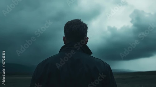 A dramatic scene with a man in a coat facing into an ominous, darkened stormy sky over a barren landscape. Emphasis on the intense weather and the solitary figure.