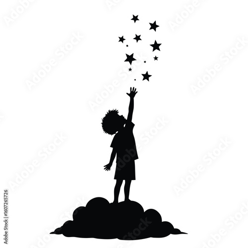 Silhouette child reaching for stars from cloud vector