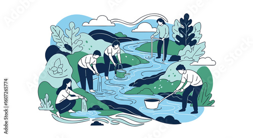 Community working together to clean a river. Vector illustration concept for environmental conservation and sustainability.