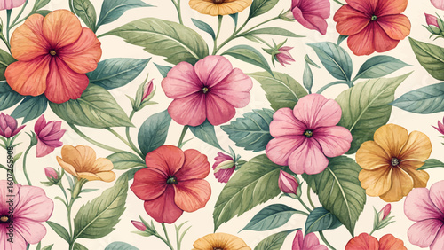 Seamless floral pattern. Impatiens flowers. Natural bright colors. High resolution. Designed for printing on fabric or wallpaper.