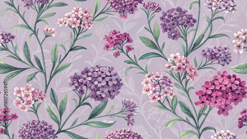 Seamless floral pattern. Natural vibrant purple and pink Alyssum flowers. High resolution on pastel purple background. Designed for printing on fabric or wallpaper.
