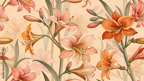 Seamless floral pattern. Bright orange and pink Hippeastrum flowers in natural colors. High resolution on pastel orange background. Designed for printing on fabric or wallpaper.