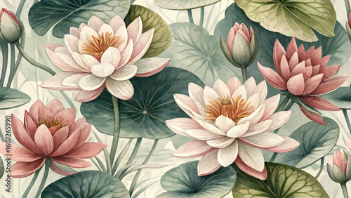 Illustration, seamless digital floral pattern, Water Lily flower, natural colors, high resolution, designed for printing on fabric or wallpaper or textiles.