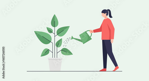 Woman Watering a Large Potted Plant with a Green Watering Can