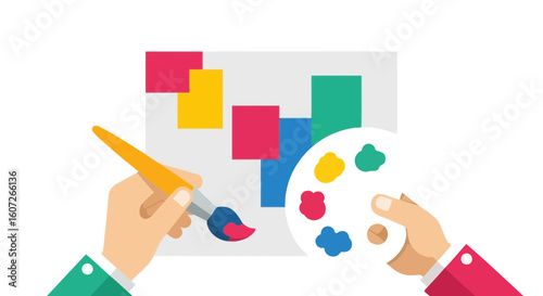 Artist's Hands Painting on Canvas with Brush and Color Palette