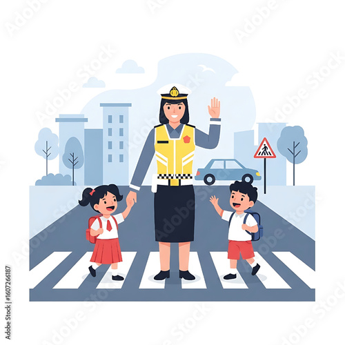 Traffic safety illustration with crossing guard and children on a crosswalk